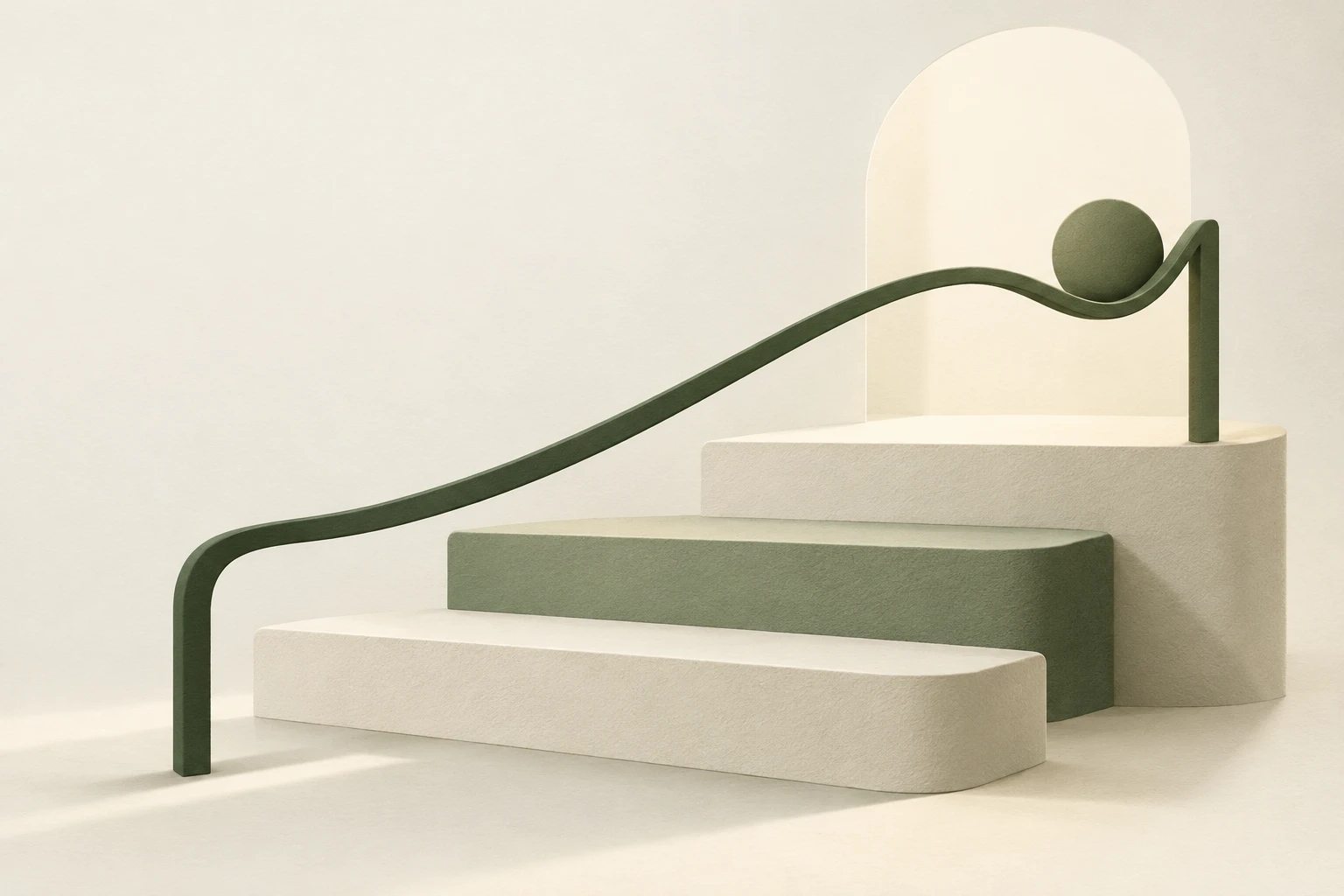 Una escalera con un pasamanos verde oliva, iluminada por luz natural