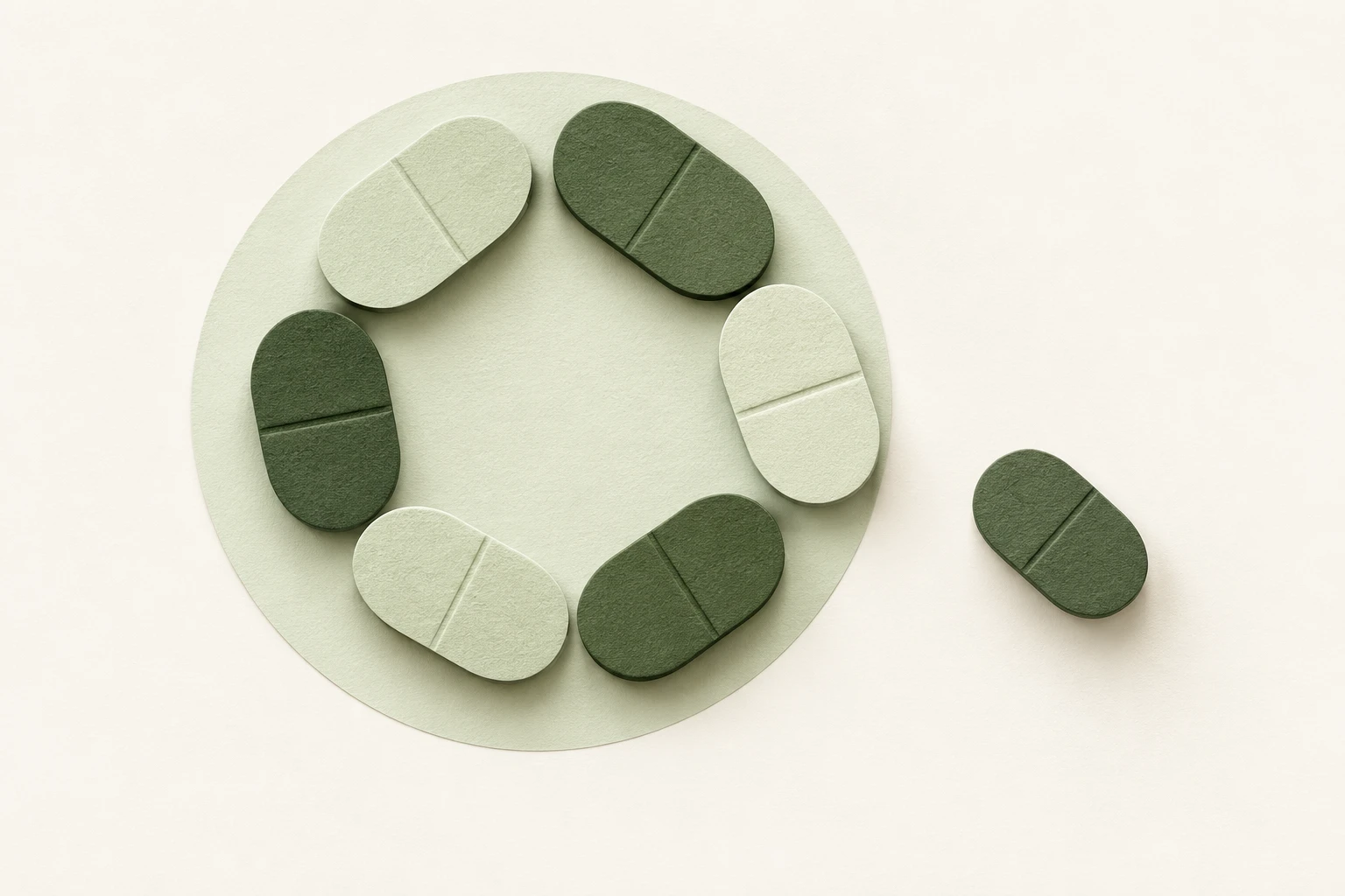 Un círculo de pastillas verdes de papel con una pastilla fuera del círculo