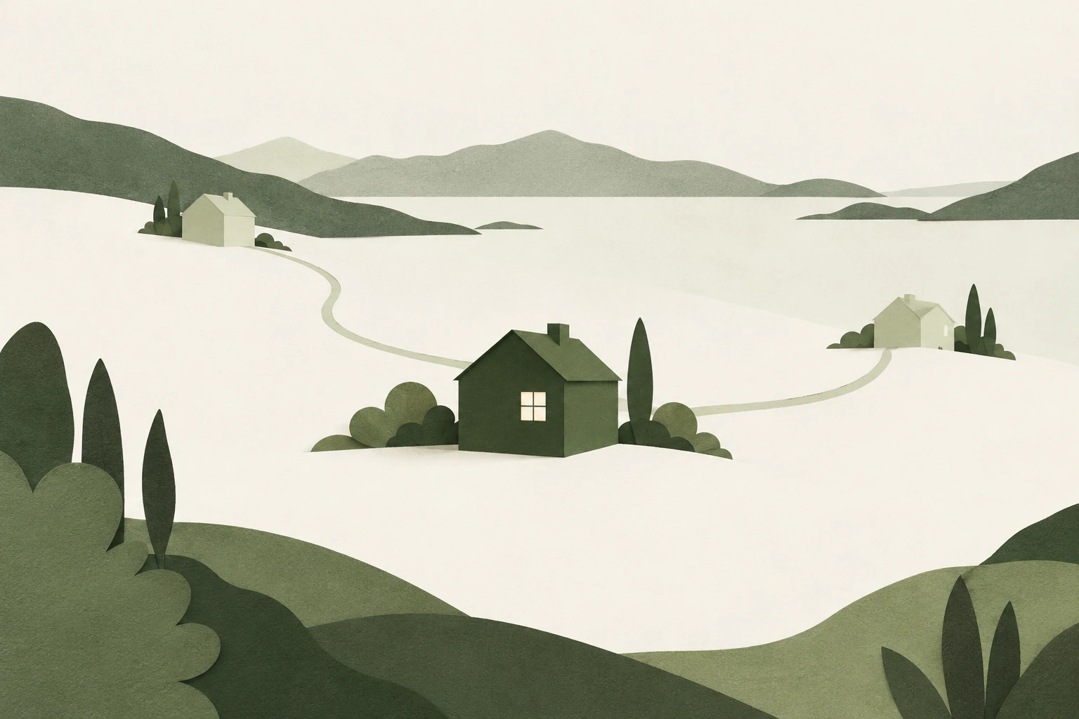 Paisaje de papel con una casa de ventana encendida y caminos hacia otras casas